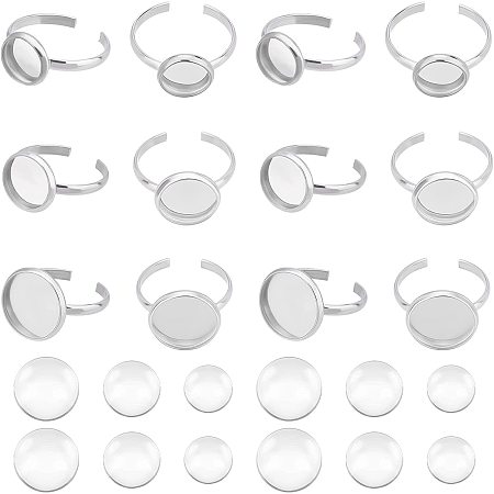UNICRAFTALE 16Sets 8/10/12mm Tray Ring Base 304 Stainless Steel Cuff Rings Blank 16.9mm Finger Rings Bezel with Glass Cabochons Jewelry Making Accessaries for Finger Ring Making