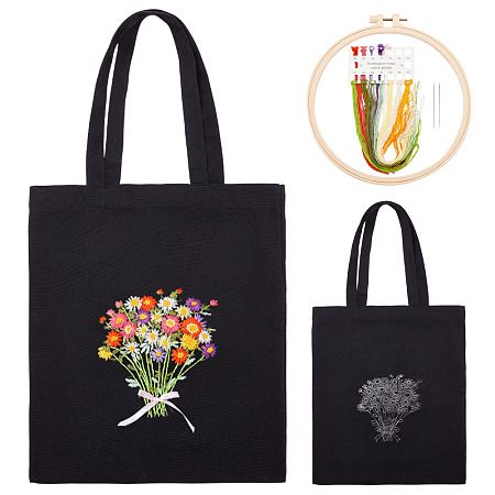 WADORN DIY Canvas Shoulder Bag Embroidery Starter Kit, Rectangle with Flower Pattern, Including Cotton Cords, Plastic Embroidery Hoops and Iron Needles, Ribbon, Mixed Color, Bag: 630x340x3mm, Inner Diameter: 395x340mm