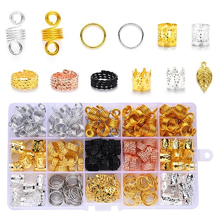 Honeyhandy DIY Hair Braid Accessories, with Aluminum Dreadlock Beads, Plated Iron Hair Coil Cuffs, Iron Jump Rings, Tibetan Style Alloy Pendants and Bead Container, Mixed Color, 17.4x10x2.15cm, about 227pcs/box