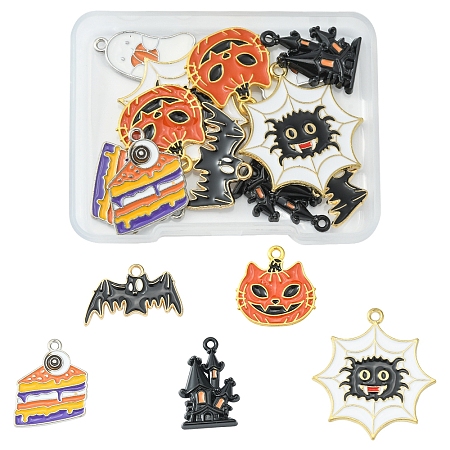 Honeyhandy 12Pcs 6 Style Halloween Theme Alloy Enamel Pendants, Bat & Spider & Pumpkin & Cake, Mixed Color, 14.5~33x15~30x1~3mm, Hole: 1~2mm, 2pcs/style