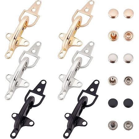 BENECREAT 6 Set 3 Colors Metal Side Clip Bag Buckle with 30 Set Snap Button, Purse Suspension Clasp Hardware Clasp Chain Connector Buckle for DIY Leather Crafts Bag Cloth Making
