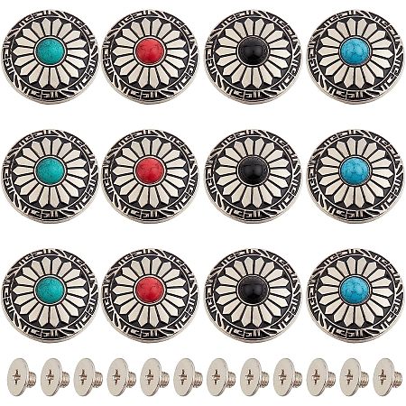 GORGECRAFT 1Box 12PCS 30mm Screw Back Buttons Round Vintage Engraving Sun Flower Faux Turquoise Conchos Flower Buds Daisy Decorative Buckles Replacement Castings Buttons for DIY Leather Craft Fabrics