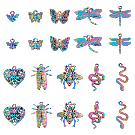 AHANDMAKER Animal Theme Alloy Pendant Sets, Butterfly & Bee & Dragonfly, Rainbow Color, 9.5~31x11~27.5x1.5~5.5mm, 20pcs/box