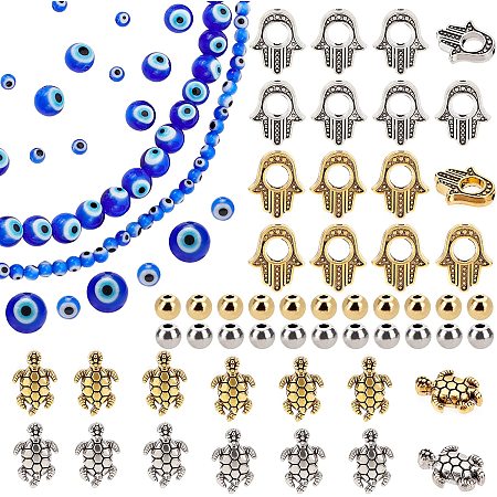 PandaHall Elite Evil Eye Beads Kit, 249pcs Hamsa Hand Beads Tibetan Tortoise Spacers Beads Round Turkish Glass Beads Loose Beads for Halloween Easter Bracelet, Necklace, Jewelry Making, Craft Making