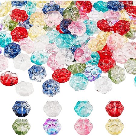 SUPERFINDINGS 120Pcs 8 Colors Transparent Glass Cat Paw Print Beads Spray Painted Crystal Cat Dog Bear Paw Prints Bead Animal Footprint Spacer Beads 13.5x15mm for Jewelry Crafts Making,Hole:1mm