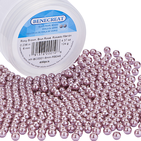 BENECREAT 400 Piece 6 mm Environmental Dyed Pearlize Glass Pearl Round Bead for Jewelry Making with Bead Container, Rosy Brown