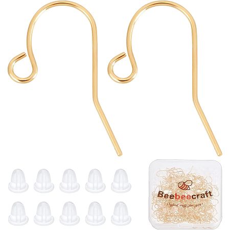 Beebeecraft 200Pcs/Box Earring Hooks for Jewelry Making, 18K Gold Plated Ear Wires Fish Hook Earrings with 200Pcs Clear Rubber Earring Backs for DIY Earring Making