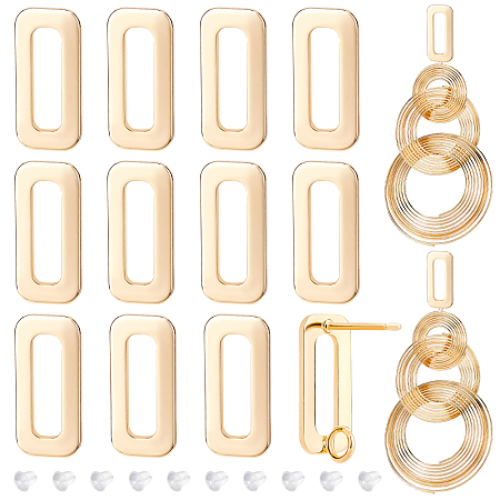 BENECREAT 20Pcs 18K Real Gold Plated Earring Posts, 0.6x0.27inch Rectangle Brass Ear Studs with Vertical Loops and 40Pcs Plastic Earring Nuts for DIY Earring Jewelry Making, Hole: 2.5mm