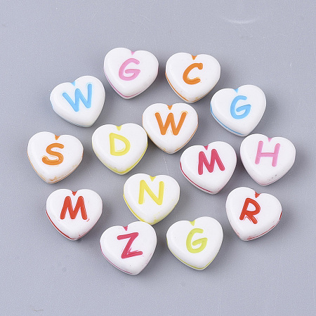 Honeyhandy Craft Style Acrylic Beads, Horizontal Hole, Heart with Random Initial Letter, Mixed Color, 10x11x5mm, Hole: 1.8mm, about 1280pcs/500g