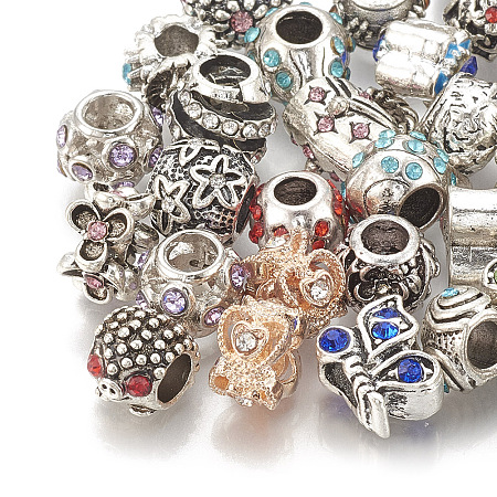 Honeyhandy Alloy European Beads, Large Hole Beads, with Rhinestone, Mixed Shape, Mixed Color, 10~16x9~11x6~11mm, Hole: 4~5mm