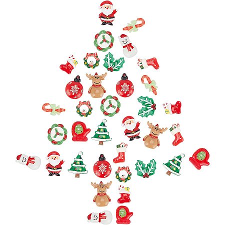 SUNNYCLUE 36Pcs 12 Styles Flatback Resin Christmas Cabochons Assorted Christmas Buttons Decoration Tree Flower Embellishments Ornaments for DIY Crafts Jewellery Making Home Decor