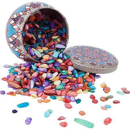 PandaHall Elite Crushed Shells Beads Rainbow Color Mosaic Tile Shells Chips Tumbled Shells Pieces with Printed Tinplate Boxes for Weddings, Vase Filler, Plant, Home Décor, and Crafts(0.55lb)