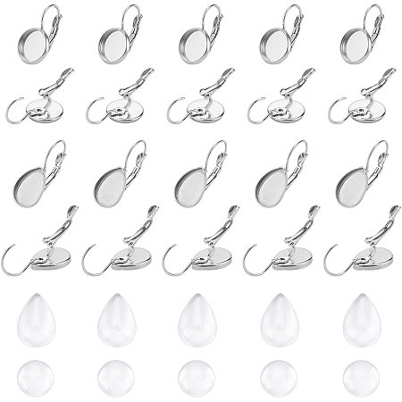 UNICRAFTALE 40 Sets 2 Sizes 304 Stainless Steel Leverback Earring Findings with Flat Round and Teardrop Blank Earring Cabochons Bezel Tray Earring Components for Earrings Dangle Jewelry Making