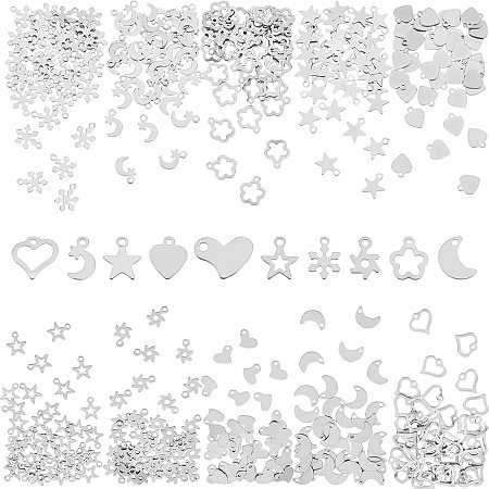 UNICRAFTALE 400Pcs 10 Style Charms Pendants 201 Stainless Steel Heart, Star, Moon Pendants 1.2-1.6mm Hole Small Pendants Earring Dangle Charms Bracklets Pendants for Jewelry Making