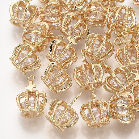 Brass Cubic Zirconia Pendants, Crown, Clear, Real 18K Gold Plated, 15x11x11mm, Hole: 1mm