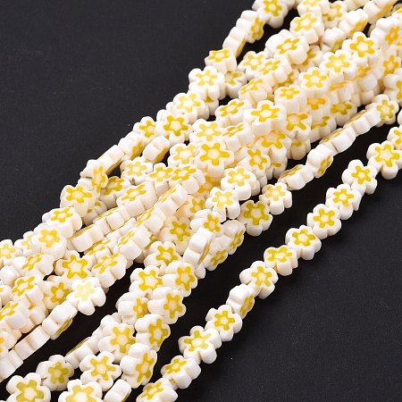 Handmade Millefiori Glass Bead Strands, Flower, Champagne Gold, 7.5~9x3mm, Hole: 1mm, about 55~57pcs/strand, 15.55 inch~15.94 inch(39.5cm~40.5cm)