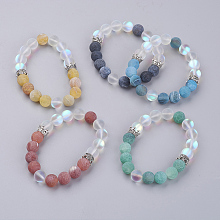 Honeyhandy Natural Weathered Agate(Dyed) Beaded Stretch Bracelets, with Synthetic Moonstone Beads and Alloy Crown Beads, Mixed Color, 2 inch(50mm)