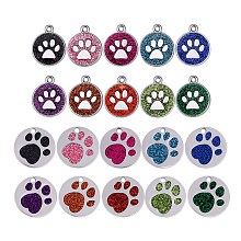 Honeyhandy 20Pcs 20 Style Enamel Pendants, with Platinum Plated Alloy Findings and Glitter Powder, Flat Round with Dog Paw Prints, Mixed Color, 1pc/style