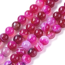 Honeyhandy Natural Striped Agate/Banded Agate Beads Strands, Dyed & Heated, Round, Hot Pink, 6mm, Hole: 1mm, about 63pcs/strand, 14.57 inch(37cm)