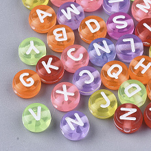 Arricraft Transparent Acrylic Beads, Flat Round with Random Initial Letter, Mixed Color, 7x4mm, Hole: 1.5mm, about 5555pcs/500g