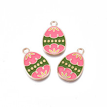 Honeyhandy Alloy Enamel Pendants, Light Gold, Cadmium Free & Lead Free, Easter Egg Shape with Flower, Hot Pink, 22x14x1.5mm, Hole: 2mm