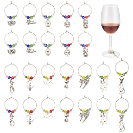 NBEADS 24 Pcs 12 Styles Tibetan Style Wine Glass Charms, Cat Wine Charms with Pearlized Glass Beads Rings Cup Tag Identifiers for Glasses Tumbler Cup Wine Tasting Party Gift