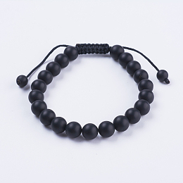 Honeyhandy Adjustable Nylon Cord Braided Bead Bracelets, with Frosted Black Agate Beads, 2-1/8 inch(55mm)