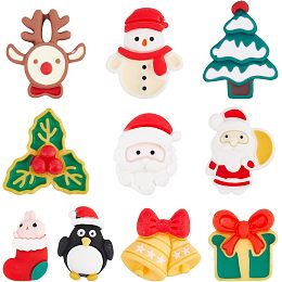 SUNNYCLUE 1 Box 40Pcs 10 Styles Christmas Cabochons Flatback Christmas Embellishments Winter Cartoon Xmas Tree Gift Flatback Resin Cabochons for Craft DIY Headband Scrapbooking Cellphone Case Decor