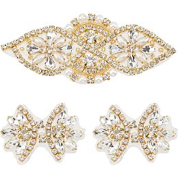 FINGERINSPIRE 3Pcs 2 Style Rhinestone Applique with Beads for Wedding Dress Gold Iron on/Sew Rhinestone Patch Rhinestone Sewing Flower Shape Hotfix Applique for Dress, Headpiece, Belt, Shoes or Bags