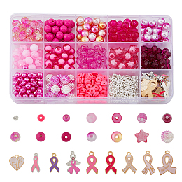 SUPERFINDINGS DIY Cancer Awareness Jewelry Making Finding Kit, Including Alloy & Polymer Clay Disc & Acrylic Star Round Beads, Alloy Enamel Ribbon & Heart & Wing Pendants, Pink, 723Pcs/box