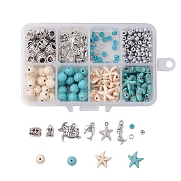 Honeyhandy Ocean Theme DIY Jewelry Sets, with Synthetic Turquoise Beads, Alloy Pendants & Beads, Baking Paint Glass Seed Beads, Sea Turtle & Sea Star & Dolphin & Mermaid, Mixed Color, 110x70x30mm