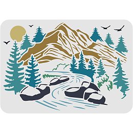 FINGERINSPIRE Mountains View Stencils 11.7x8.3 inch Plastic Valley Pine Tree Drawing Painting Stencils River Sun Birds Wall Stencils Reusable Stencils for Painting on Wood, Floor, Wall and Tile