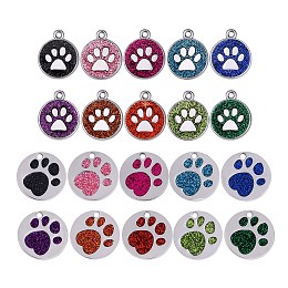 Honeyhandy 20Pcs 20 Style Enamel Pendants, with Platinum Plated Alloy Findings and Glitter Powder, Flat Round with Dog Paw Prints, Mixed Color, 1pc/style