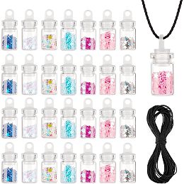 NBEADS 28 Pcs 7 Colors Wishing Mini Glass Bottle Pendant Necklace, Refillable Bottles Wish Bottles Glass Bottle with Star Glitter Sequins/Paillette Inside and Waxed Polyester Cord for Wedding Party