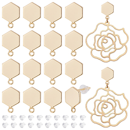 BENECREAT 16Pcs 14K Gold Plated Hexagon Stud Earring with Loop and 40pcs Plastic Ear Nuts for Earring DIY Jewelry Making 11.5x8x1.5mm, Hole: 1.2mm