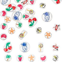 NBEADS 27 Pcs 9 Styles Imitation Pearl Beads, 3D Printed Flat Round Beads with Strawberry Starfish Coconut Tree 3D Printed ABS Plastic Beads Spacer Beads for Jewelry Making