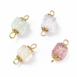 Honeyhandy Crackle Glass Connector Charms, with Golden Tone Alloy Beads, Square, Mixed Color, 15~15.5x6~7x6~7mm, Hole: 1.5~2mm