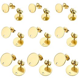 BENECREAT 36PCS Gold Flat Round Stud Earring 3 Mixed Size 304 Stainless Steel Flat Round Earring with Ear Nuts for Earring Jewelry Making