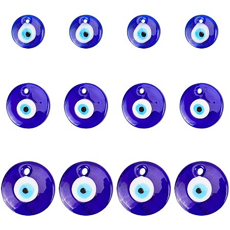 Handmade Evil Eye Lampwork Pendants, Dark Blue, 30~50x6.5~8mm, Hole: 4~6mm; 12pcs/box