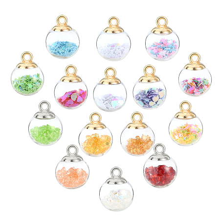 Glass Ball Pendants, with Glitter Sequins, Rhinestone and CCB Plastic Findings, Round, Mixed Color, 21x15.5~16mm, Hole: 2mm; 15 colors, 6pcs/color, 90pcs/box