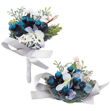 CRASPIRE 2PCS Flower Wrist Corsage Wedding Flowers Accessories Artificial Blue Rose Silk Elastic Wristband Boutonniere Buttonholes Groom and Bride