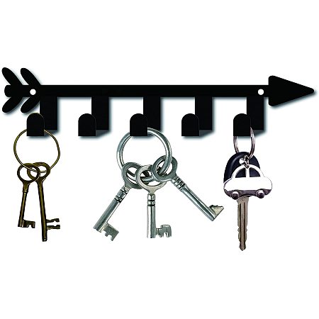 CREATCABIN Metal Key Holder Black Key Hooks Wall Mount Hanger Decor Iron Hanging Organizer Rock Decorative with 5 Hooks Arrow Pattern for Front Door Entryway Cabinet Towel 10.6 x 2.3 x 1.5 inches