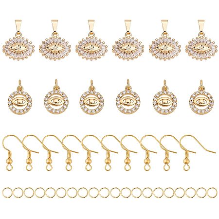 Arricraft 42 Pcs Evil Eye Themed Earring Making Kits, 12 Pcs 2 Styles Brass Charms, 20 Pcs Jump Rings and 10 Pcs Brass Earring Hooks, 1 Pc Container, for Jewelry Making Charms, Golden