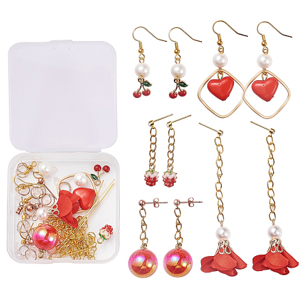 98piece Flower Earring Making Kits, including Nylon Pendant, Opaque Acrylic Beads, Alloy Enamel Charms, Iron and Brass Earring Findings, Red