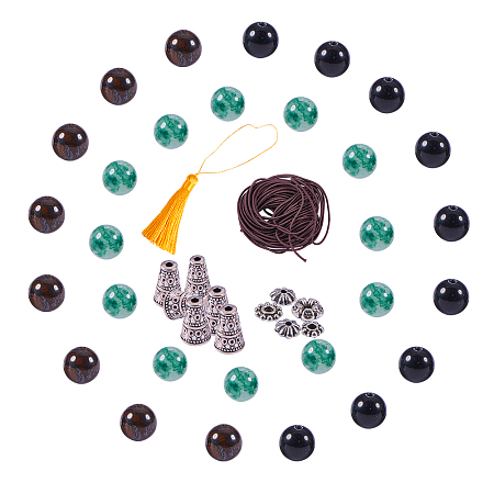 PandaHall Elite About 150 Pcs Round Gemstone Beads with 25 Pcs Tibetan Silver Spacer Bead,10 Pcs Flower Bead Caps, 6 Pcs Tassel Pendants and 5.5 Yard Elastic Beading Cord