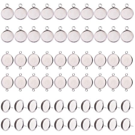 SUNNYCLUE 1 Box 20pcs 14mm(0.55inch) Stainless Steel Blank Stud Earring Bezel Settings & 20pcs Bezel Pendant Trays & 20pcs Cabochon Connectors Settings Flat Round with Double Loop for Jewelry Making