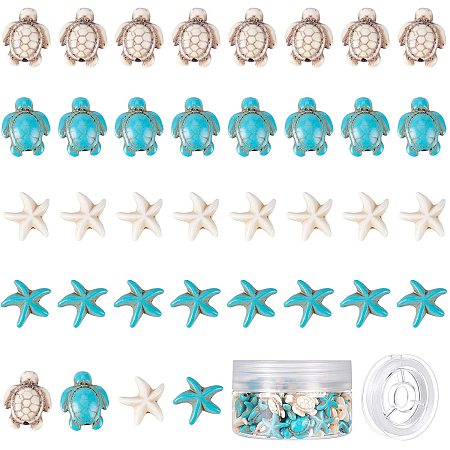SUNNYCLUE 1 Box 100Pcs 4 Styles Sea Turtle Beads Turquoise Starfish Bead Synthetic Sea Star Tortoise Charms Carved Ocean Animal Spacer Beads Elastic Thread for Bracelets Earrings DIY Jewelry Making