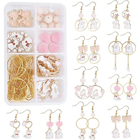 SUNNYCLUE DIY 10 Pairs Rabbit Theme Earrings Making Kit Rabbit Easter Theme Bowknot Heart Alloy Charms Pendants Jump Rings & Earring Hooks for Beginners Jewelry Making Supplies, Golden