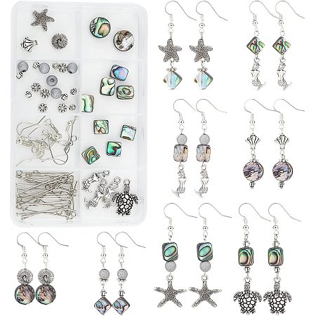 SUNNYCLUE DIY 8 Pairs Ocean Theme Drop Earring Making Kit Abalone Shell Charms Flat Round Shell Beads with Earring Hooks for Jewelry Making DIY Earrings Crafts
