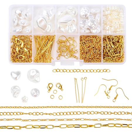 Arricraft DIY Jewelry Set Making Kits, Including Nuggets & Flat Round & Heart & Flower ABS Plastic Imitation Pearl Beads, Alloy Clasps, Iron Clasps & Pin & Earring Hooks & Chains, White, Beads: 46pcs/box